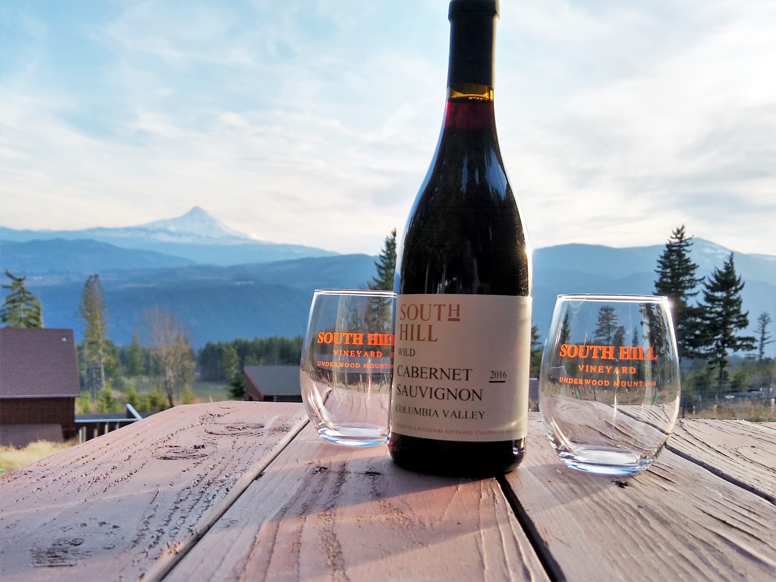 Bottle and two glasses of South Hill wine on top of a picnic table with a view of Mt. Hood beyond